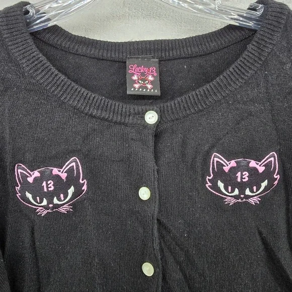 Lucky 13 Girls XL Cardigan Black Pink Cat Bad Luck Kitten Klub Sweater - Picture 5 of 12